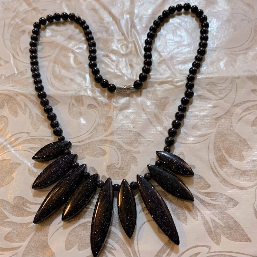 Vintage Natural Black Goldstone Necklace 18” Screw Closure Gorgeous